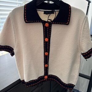Zara Cream Short-Sleeve Knit Cardigan with Black & Orange Trim